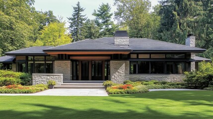 Contemporary Japanese-style home with clean lines, stone tiles, and a spacious interior opening to a minimalist garden.