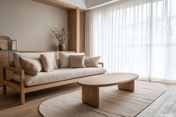 A modern Scandinavian interior design in the living room with minimalist, beige sofa and wood coffee table. Generative AI
