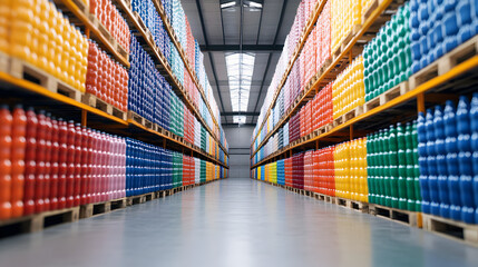 Variety of beverage bottles in indoor warehouse distribution center captured from below