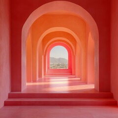 Fototapeta premium Vibrant Pink Architectural Corridor with City Views