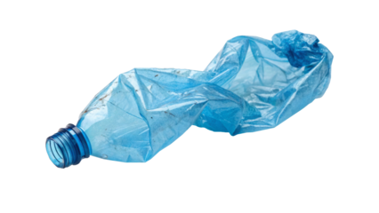 Crumpled empty blue plastic bottle isolated on a white background. Recyclable waste symbolizing pollution and environmental issues. Ideal for eco themes and sustainability topics