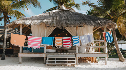 A sunlit beach shack with wooden decking and colorful beach towels hanging from a line.