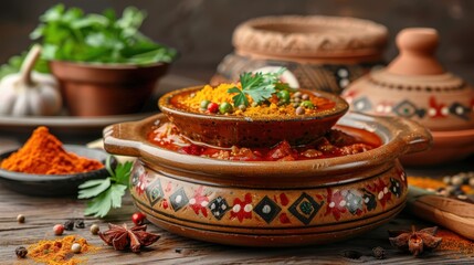 A Colourful Display of Spices and Traditional Dishes in an Authentic Kitchen Setting