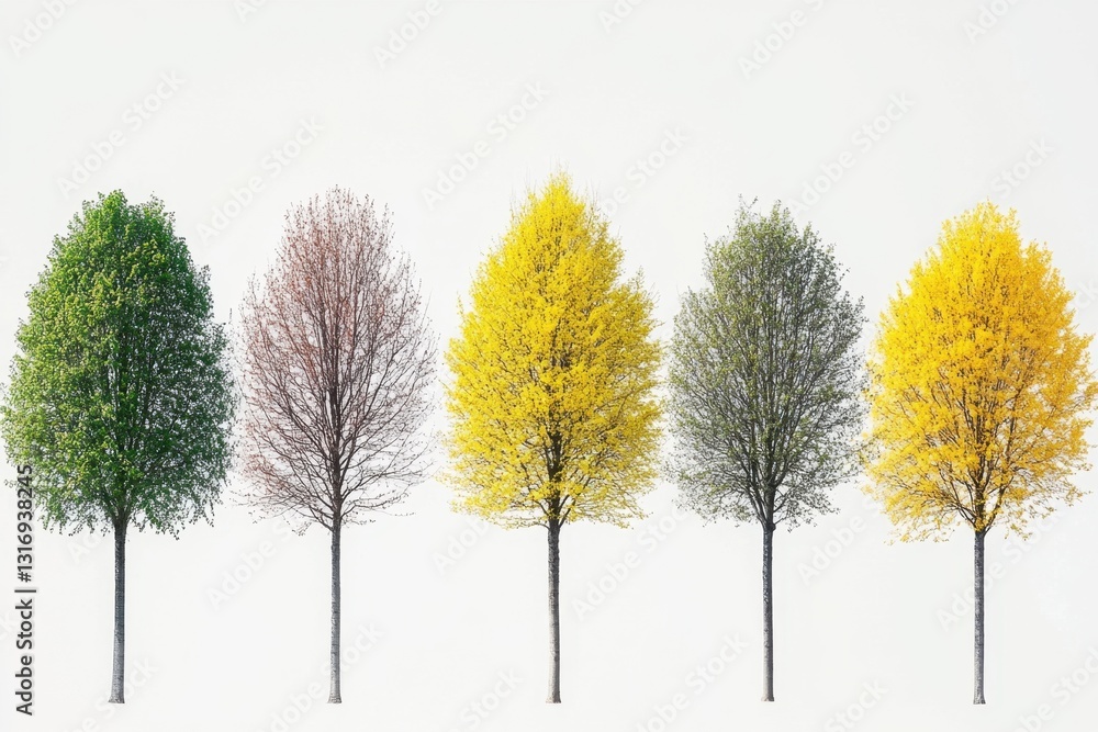 Poster serene row of trees displaying seasonal colors against a clean white backdrop in a minimalist style 