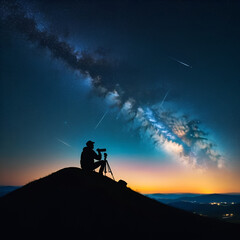 Fototapeta premium Silhouette of clontemplative lone observer stargazing the quietude of cosmos on a hill.