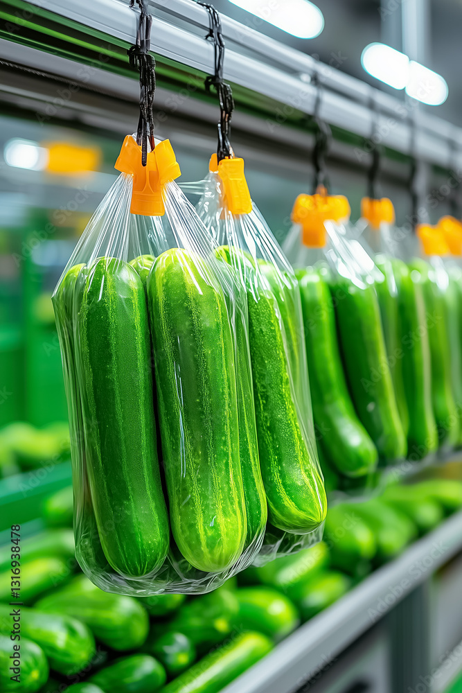 Aufkleber fresh cucumbers are being efficiently wrapped in plastic on an automated production line, showcasing
