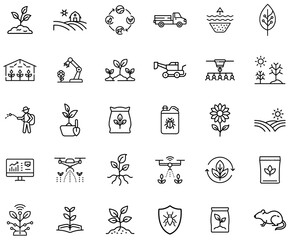 Agriculture and Farming Icon Set – Smart Farming, Precision Agriculture, Sustainable Crops, Organic Cultivation, Agri-Tech, Irrigation, Fertilizer, Harvesting, Eco-Friendly Farming, Outline Vector Ico