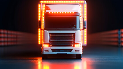 Front view of nighttime urban truck transport focus on industrial freight action
