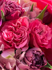 Obraz premium Delicate bouquet of pink roses, tulips, hydrangea,
