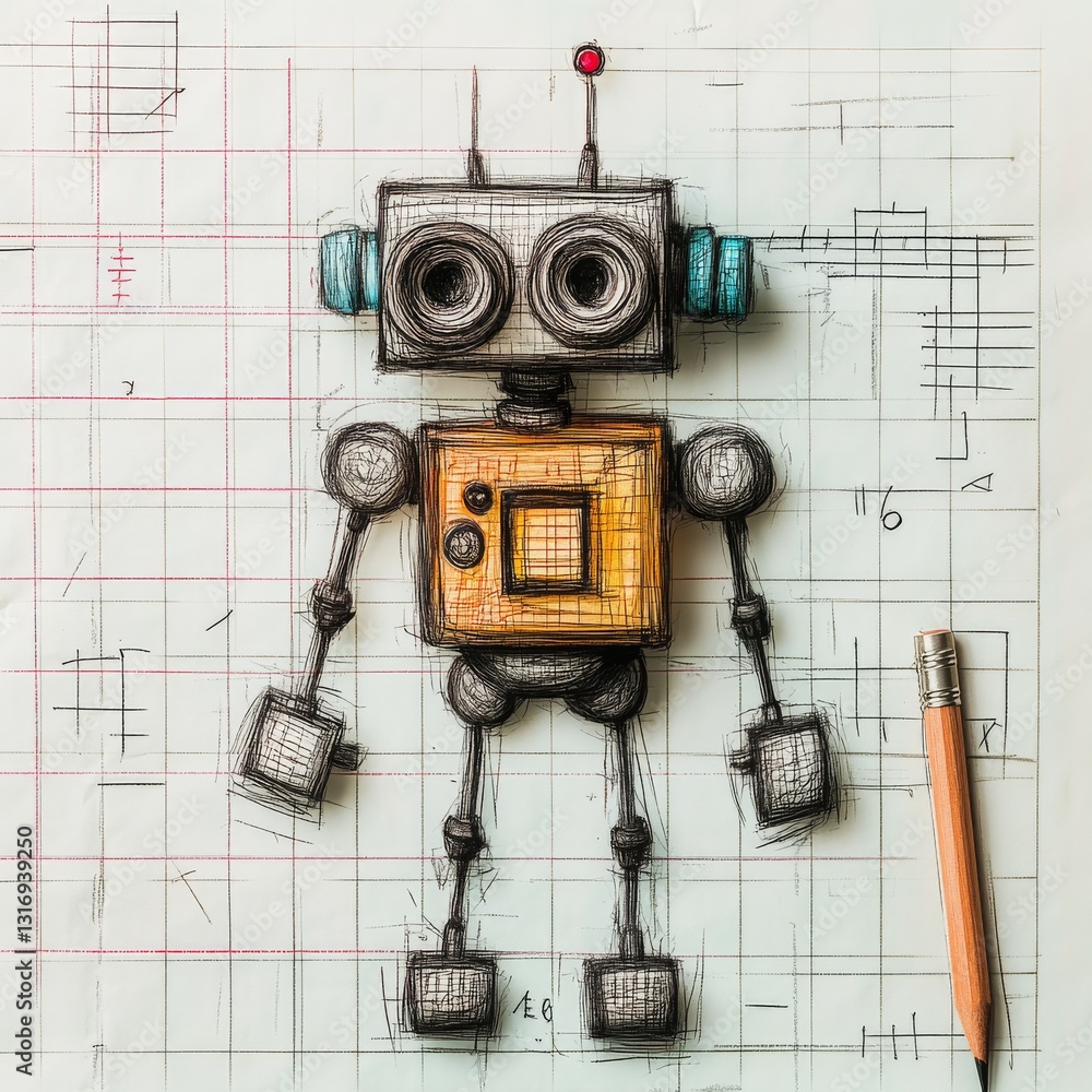 Poster a playful robot illustration on graph paper, blending art and technology.