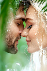Fototapeta premium Close-up of a couples faces forehead touching eyes closed wet from rain framed by greenery