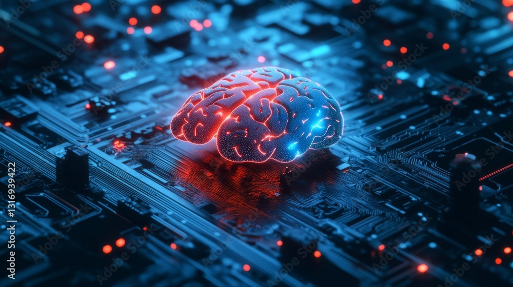 Poster Create  prompts for stock photos related to Abstract Artificial Intelligence on Atomic and Technology Background with Computer Systems dot blue with - characters and ending with