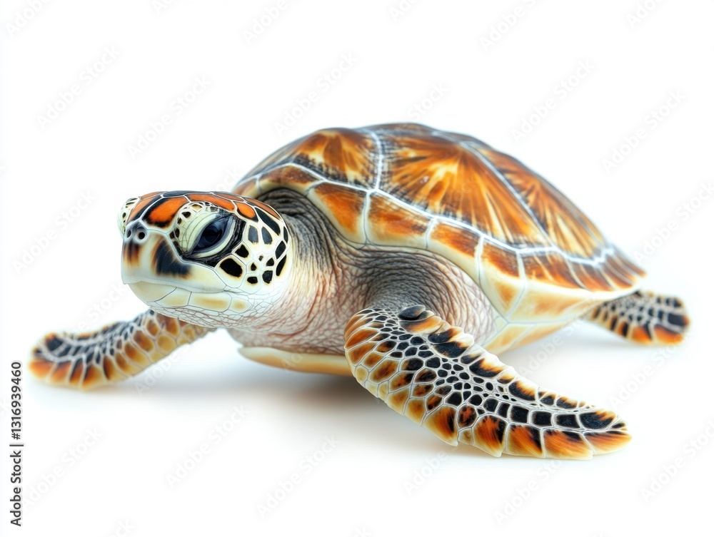 Poster captivating sea turtle portrait against a pristine white background showcasing intricate shell patte