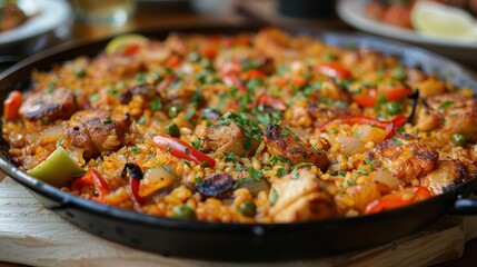Vibrant Seafood Paella with Colorful Vegetables and Fresh Herbs on a Rustic Table Setting