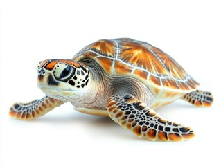 Captivating sea turtle portrait against a pristine white background showcasing intricate shell patterns and textures