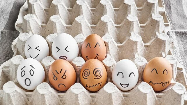 Cute eggs with funny faces. Happy easter concept. Eggs with different moods appear and disappear. Stop motion. Healthy nutrition. Close-up in 4K, UHD