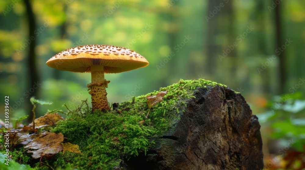 Poster Create  prompts for stock photos related to Armillaria ostoyae mushroom next to tree trunk with lichen and moss in Autumn with - characters and ending with