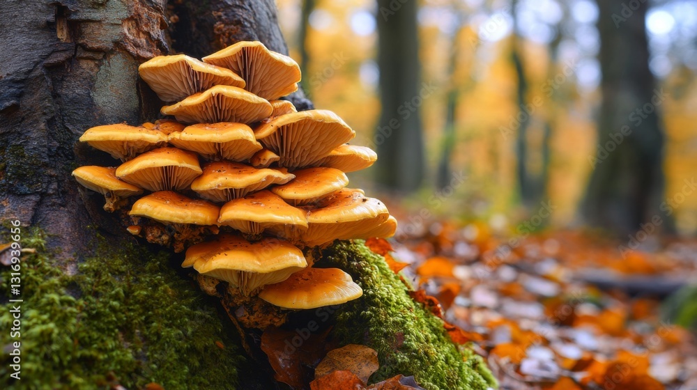 Fototapete Create  prompts for stock photos related to Armillaria ostoyae mushroom next to tree trunk with lichen and moss in Autumn with - characters and ending with