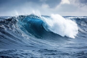 Fototapeta premium Majestic ocean wave cresting powerfully under a cloudy sky displaying natures raw beauty and dynamic energy in a captivating seascape