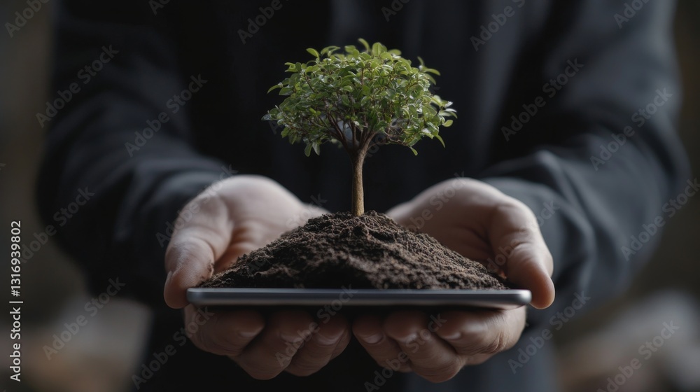 Poster create prompts for stock photos related to a businessman holding a coin on tablet with a tree that g
