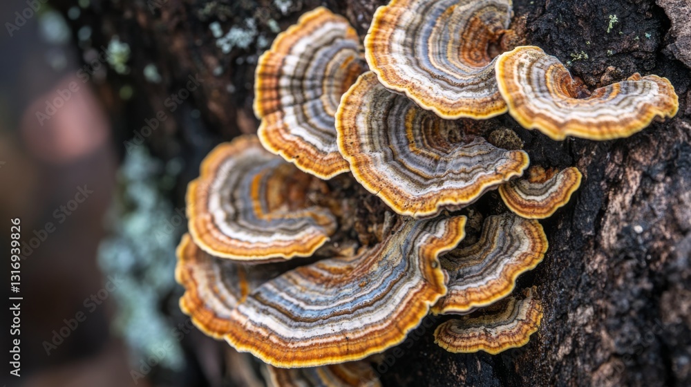 Aufkleber Create  prompts for stock photos related to A closeup shot of Turkey tail fungi with patterned caps growing near a tree trunk with - characters and ending with