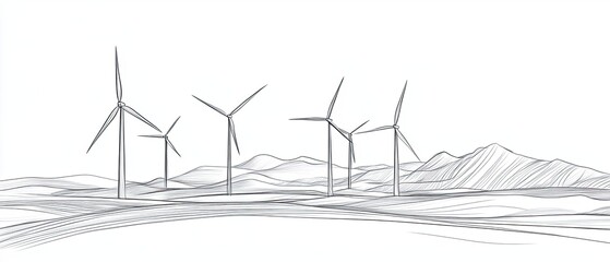 Minimalist Line Art of Wind Turbines Against Mountain Landscape