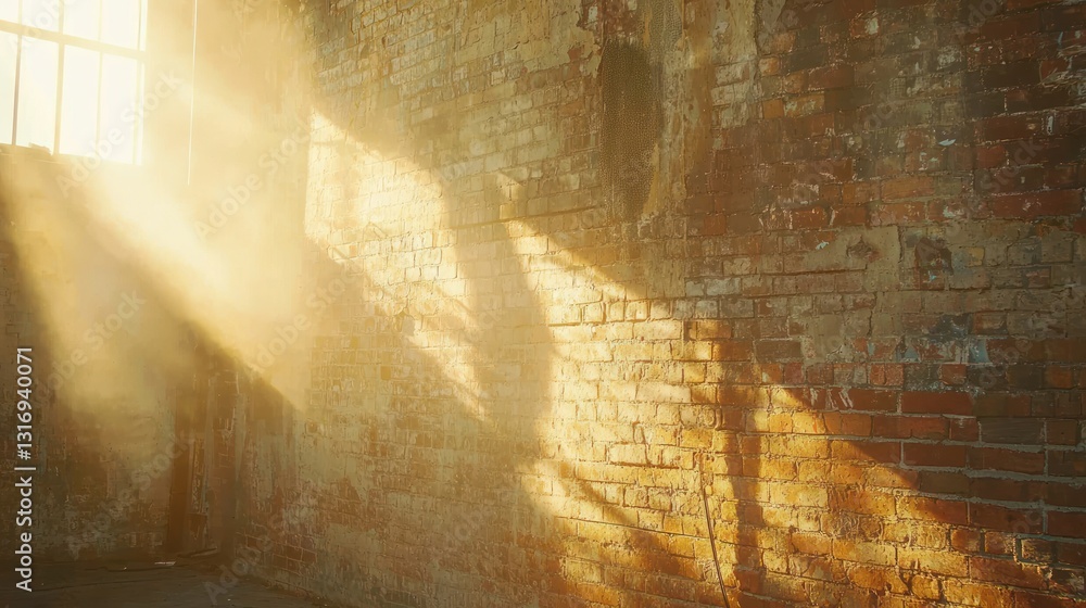 Poster sunlight streams through window in abandoned brick building, casting shadows on wall.