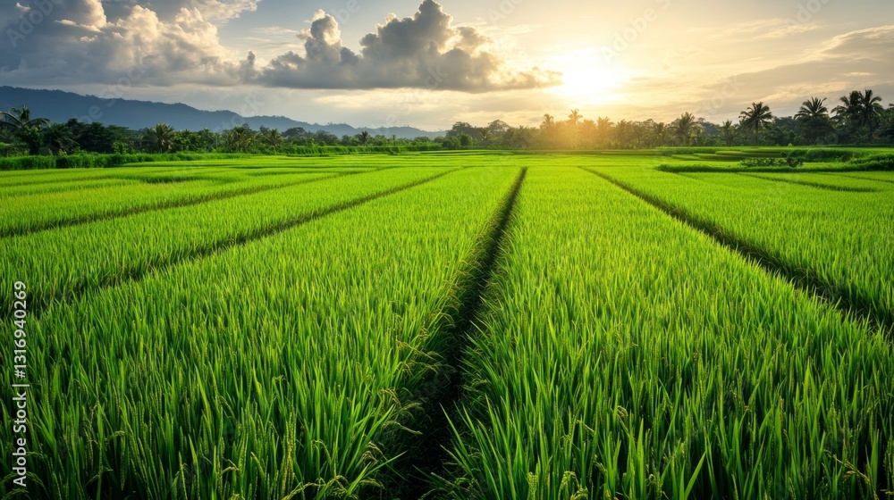 Aufkleber Create  prompts for stock photos related to A lush rice paddy field with neat, under a bright, sunny sky, green rows stretching into the horizon with - characters and ending with