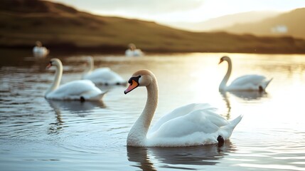 Fototapeta premium White swans adorn the calm waters of the lake.