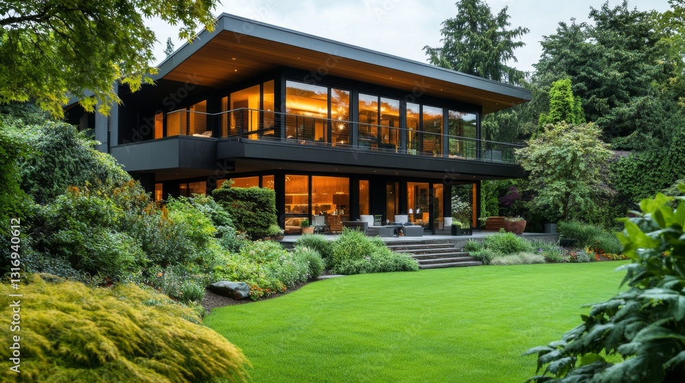 Poster Create  prompts for stock photos related to a Spacious contemporary house with lush greenery surrounding it with - characters and ending with