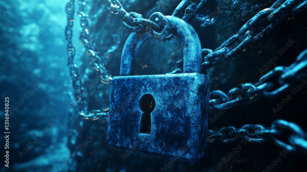 Fototapete Create  prompts for stock photos related to Blue Padlock Icon Cyber Security, Digital Data Network Protection, Future Technology Blockchain with - characters and ending with