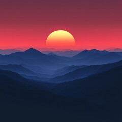 Fototapeta premium Majestic Sunset Over Mountain Ridges with Layered Blue Silhouette Scenery