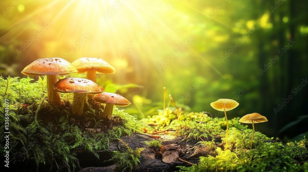 Poster Create  prompts for stock photos related to Boletus mushrooms growing in green moss covered forest with - characters and ending with