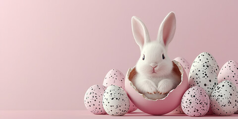 fluffy white rabbit sitting inside pink eggshell surrounded by speckled eggs