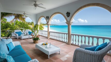 Fototapeta premium Elegant European coastal villa with a classic white and blue theme, arched balconies, and stunning ocean views.