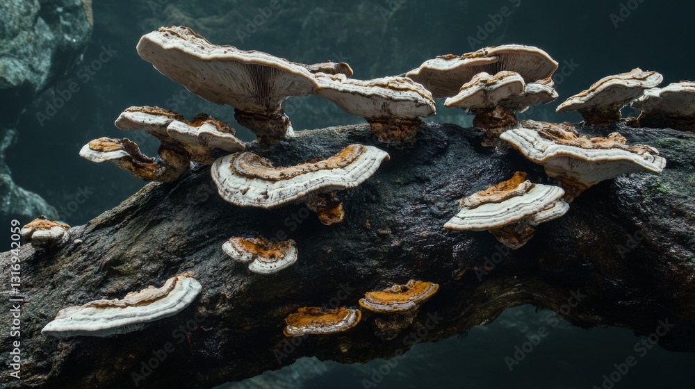 Poster create prompts for stock photos related to colonies of reishi mushrooms grow on the branches of dry 