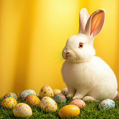 White rabbit sitting on grass with colorful Easter eggs and yellow background