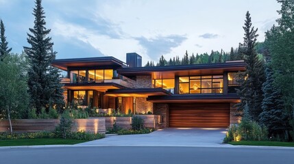 Obraz premium Elegant minimalist house with a warm wooden exterior, sleek lines, and a cozy interior glow.