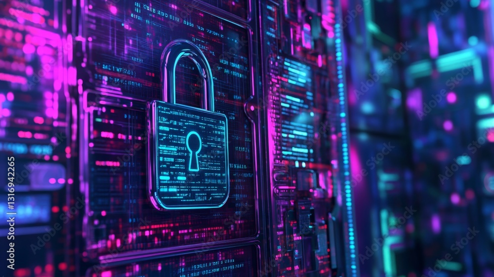 Aufkleber Create  prompts for stock photos related to Cyber security design. Padlock lock on digital screen, d render padlock protection digital network with - characters and ending with