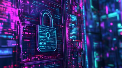 Create  prompts for stock photos related to Cyber security design. Padlock lock on digital screen, d render padlock protection digital network with - characters and ending with