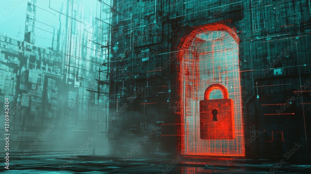 Aufkleber Create  prompts for stock photos related to Cyber security design. Padlock lock on digital screen, d render padlock protection digital network with - characters and ending with
