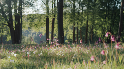 A sunlit clearing with wildflowers blooming in bright colors on the forest floor.