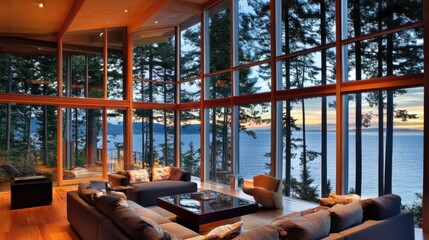 Fototapeta premium Elegant modern beach house with floor-to-ceiling windows, open-concept design, and ocean reflections.