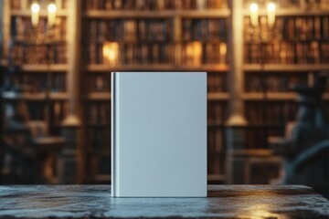 Copy Space of a Book – Minimalist White Mock Up Book on Stone Table in Ancient Library with Warm Candlelight