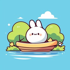 Fototapeta premium Cute Rabbit in a Boat, Sunny Day