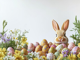 playful bunny peeks over colorful Easter eggs surrounded by spring flowers