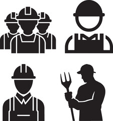 Labour Day Icon Silhouettes, Black and White Silhouette Illustrations of Construction Workers