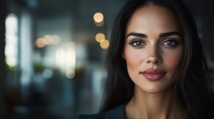 Confident Female Professional in Contemporary Office Space, Poised Upper Body Portrait with Soft Window Lighting from Left, Elegance in the Workplace.