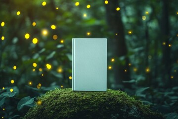 opy Space of a Book – Unmarked White Mock Up Book on Moss-Covered Stone in Mystical Forest with Fireflies