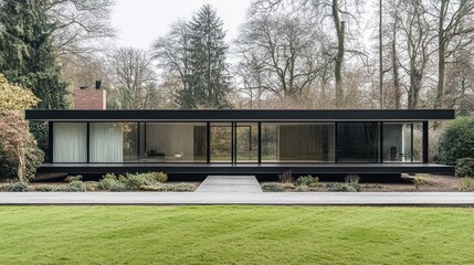 Fototapeta premium Elegant modern house with floor-to-ceiling windows and garden.